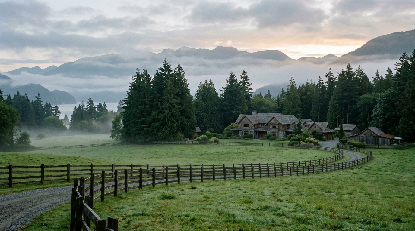 Misty meadow bordered by cedar and fir trees with mountains in the distance