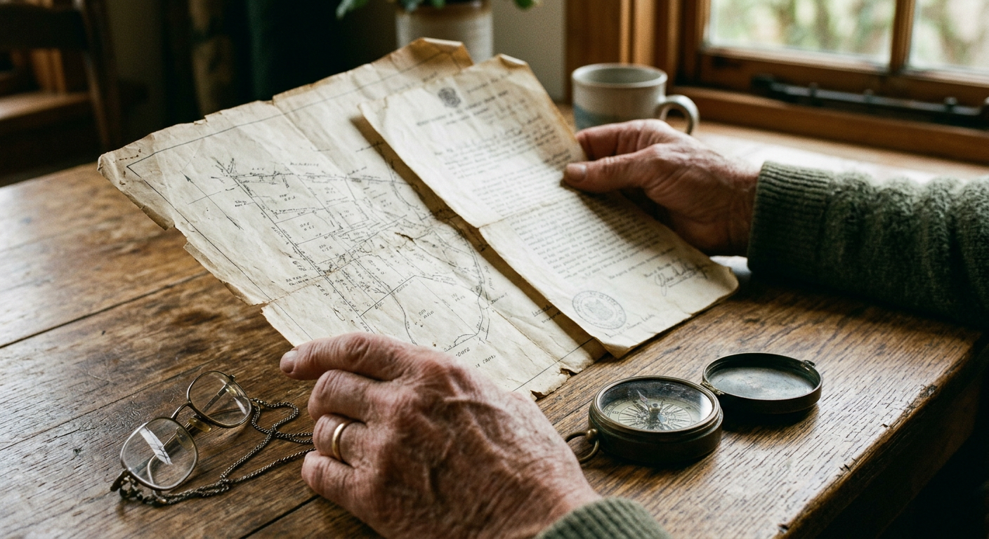 Hands holding an old land survey map beside a brass compass